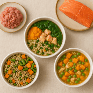 Homemade food for senior dogs with fresh turkey, salmon, vegetables, and grains — vet-approved recipes.