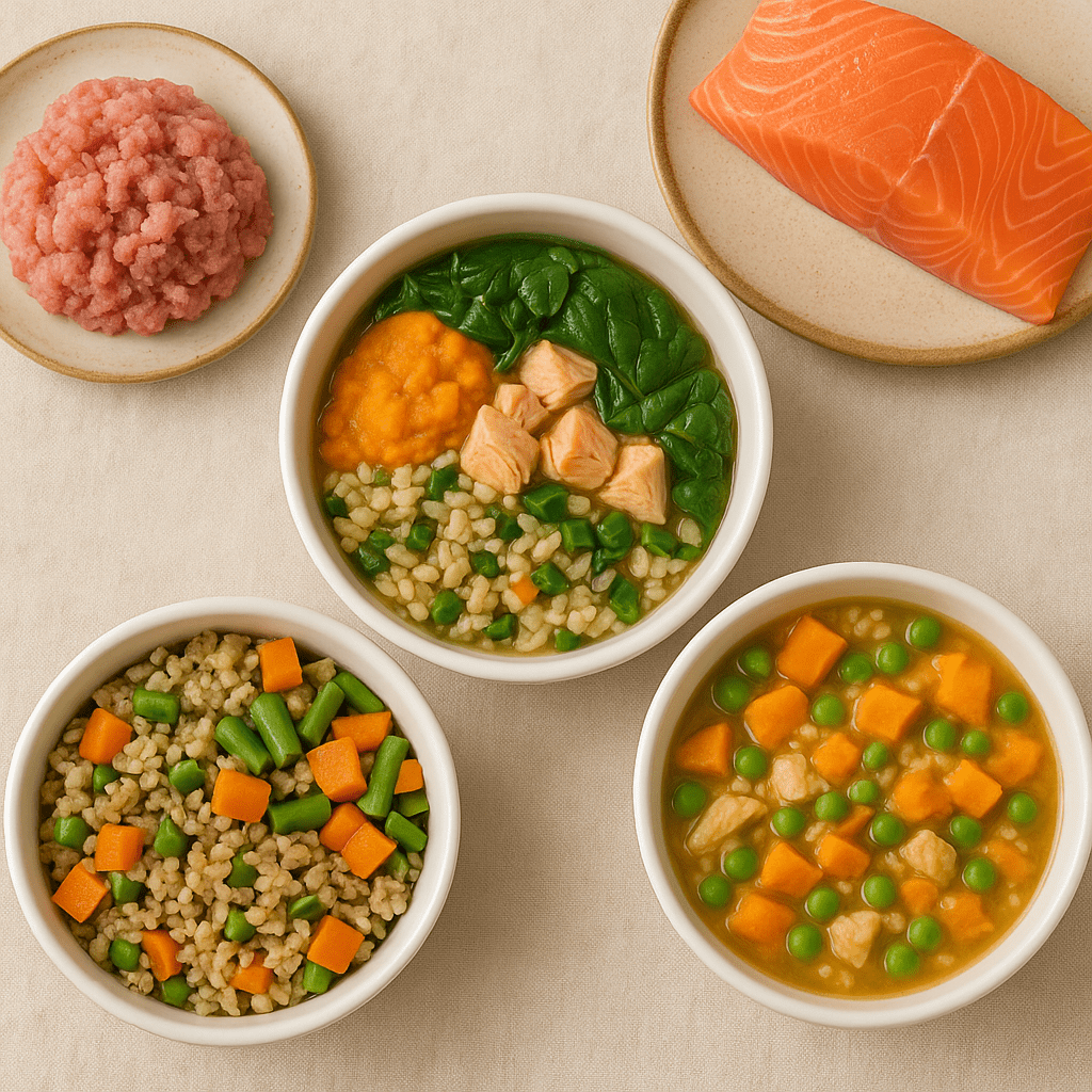 Homemade food for senior dogs with fresh turkey, salmon, vegetables, and grains — vet-approved recipes.