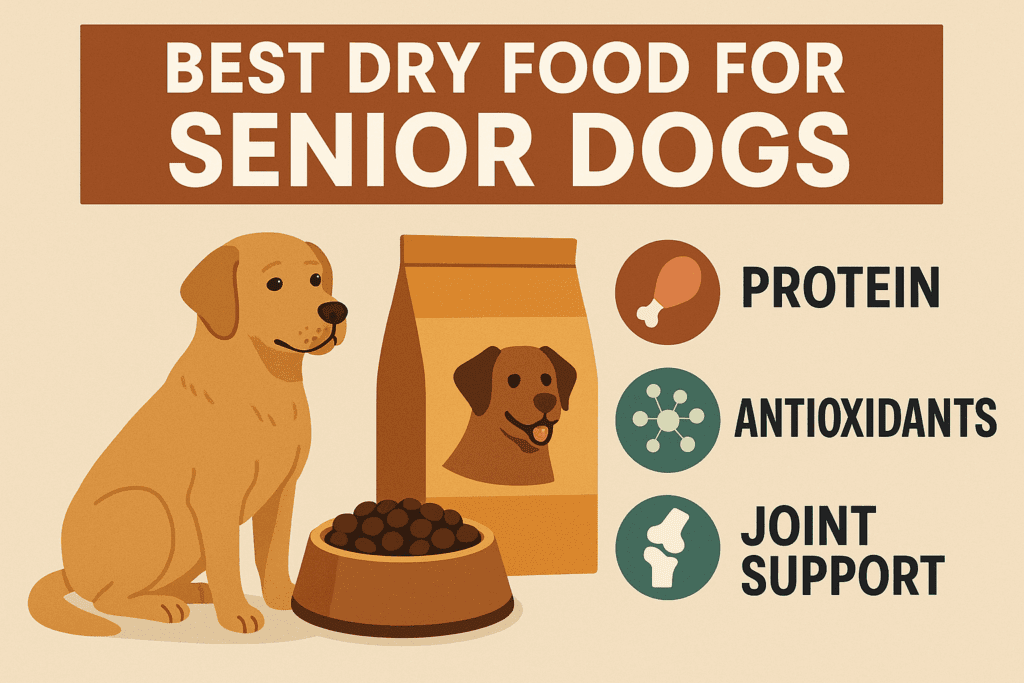 Comparison infographic of senior dry dog food brands in 2025 with highlights for protein, fiber, and joint support.