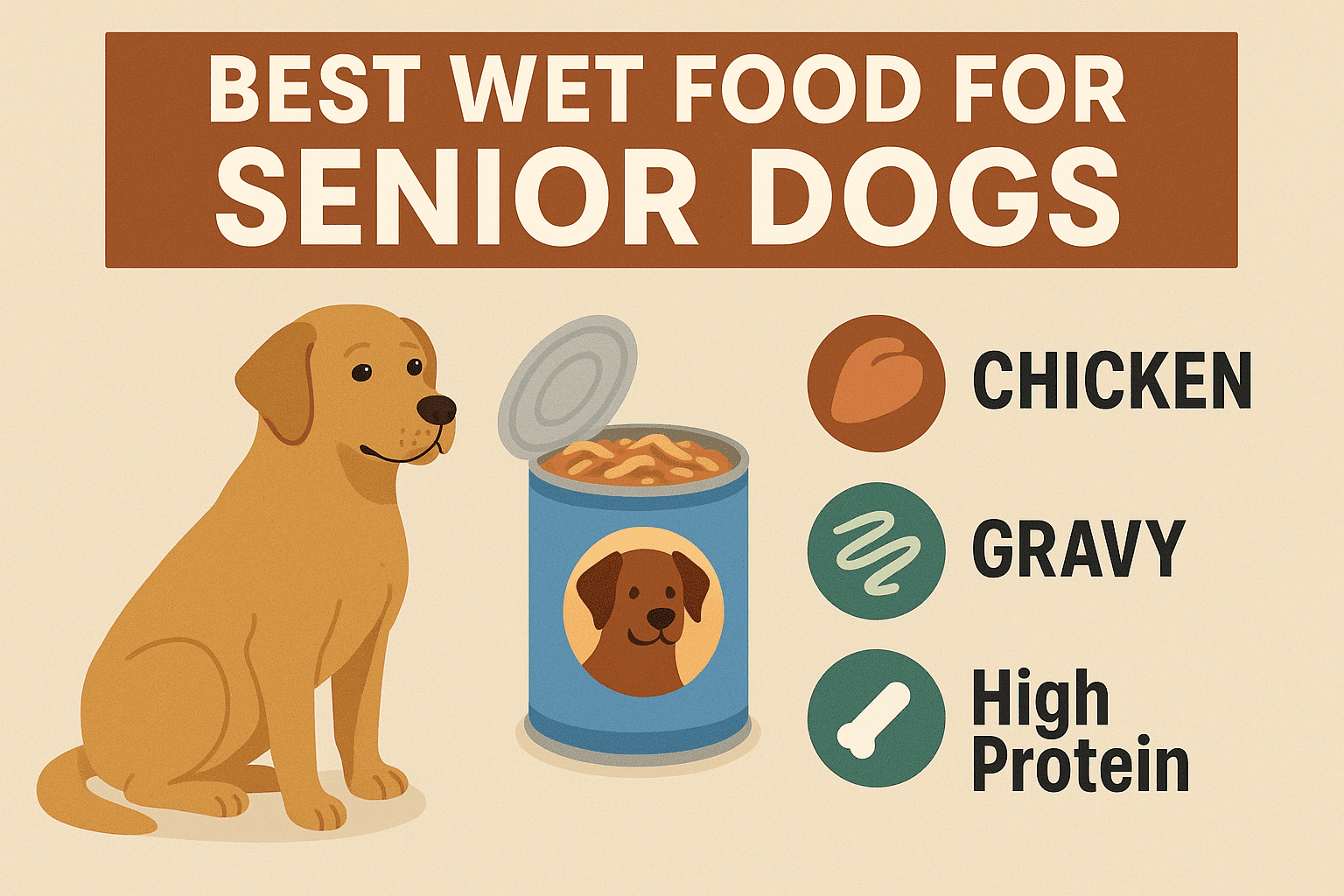 Open cans of senior wet dog food with chicken and gravy highlighting digestibility, hydration, and palatability.