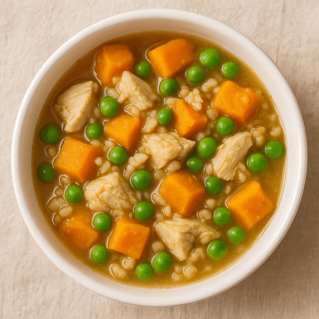 Homemade soft food for senior dogs with chicken, sweet potatoes, peas, and broth — easy to chew and vet-approved.