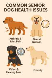 Flat-style digital illustration collage showing senior dog health issues: arthritis, dental disease, cloudy eyes, and obesity, in a clean educational style.