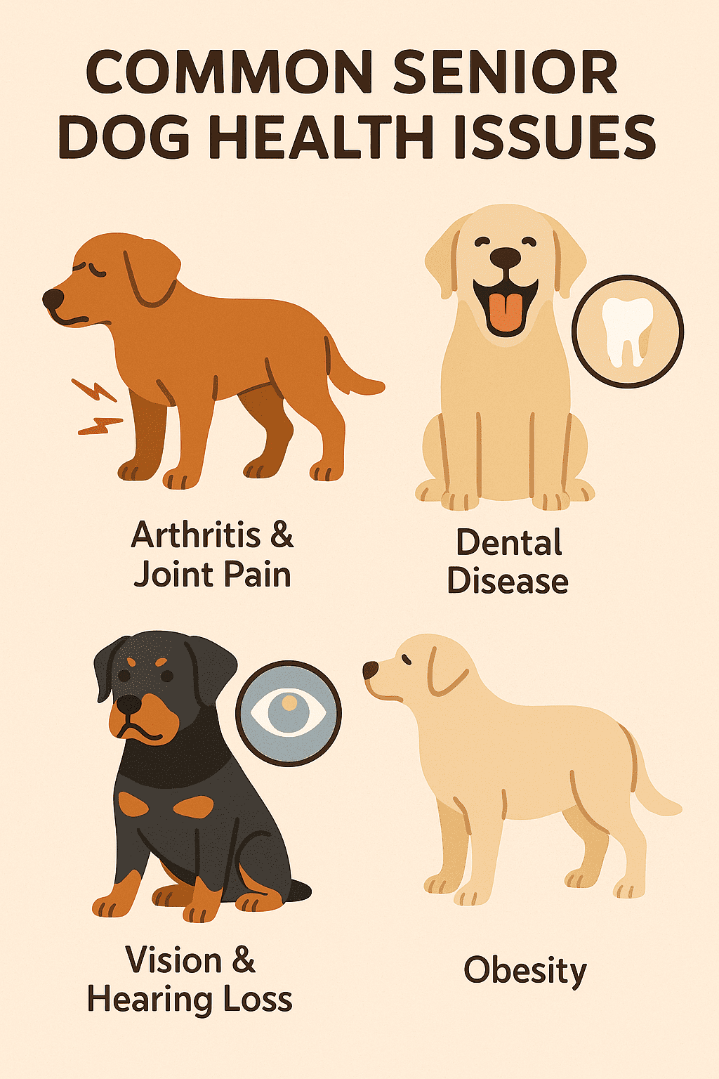 Flat-style digital illustration collage showing senior dog health issues: arthritis, dental disease, cloudy eyes, and obesity, in a clean educational style.