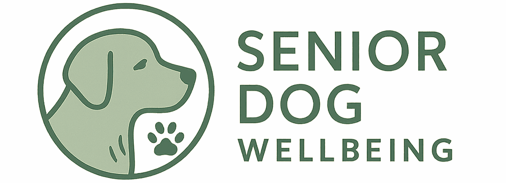 Logo for Senior Dog Wellbeing featuring a senior dog silhouette with paw print accent.