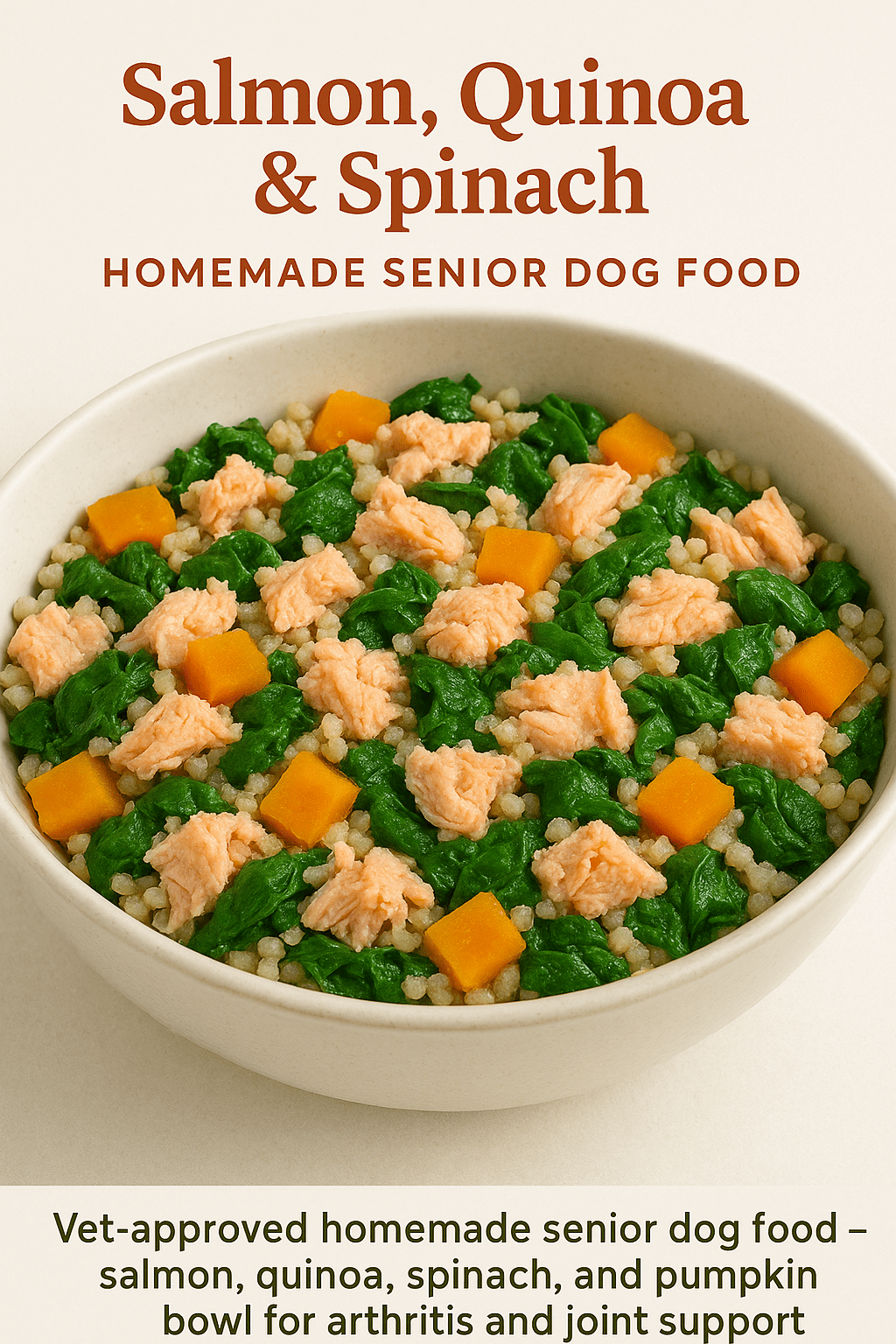 Vet-approved homemade senior dog food — salmon, quinoa, spinach, and pumpkin bowl for arthritis and joint support.