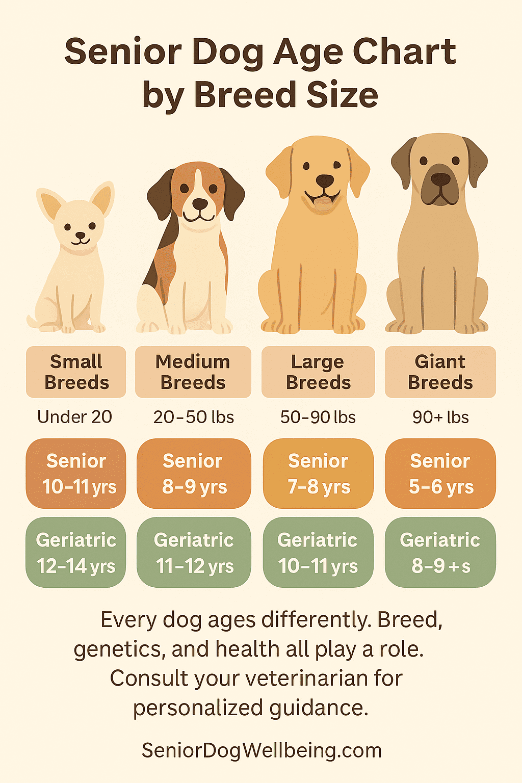 Infographic showing senior and geriatric ages for small, medium, large, and giant dog breeds
