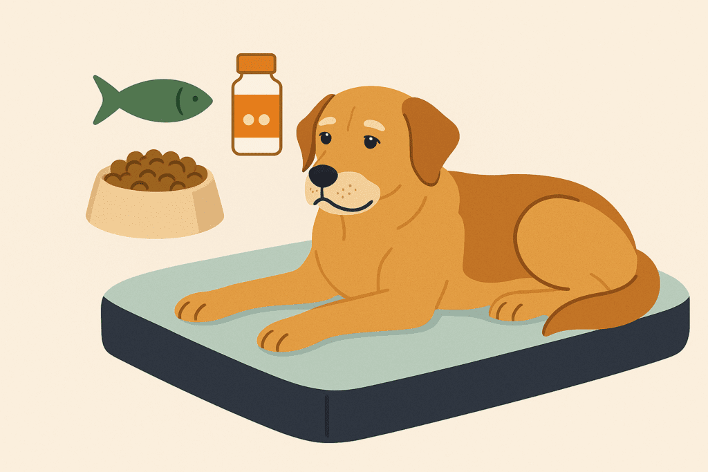Flat-style illustration of a senior dog lying on an orthopedic bed with icons of food bowl and supplement bottles nearby, representing at-home wellness care.