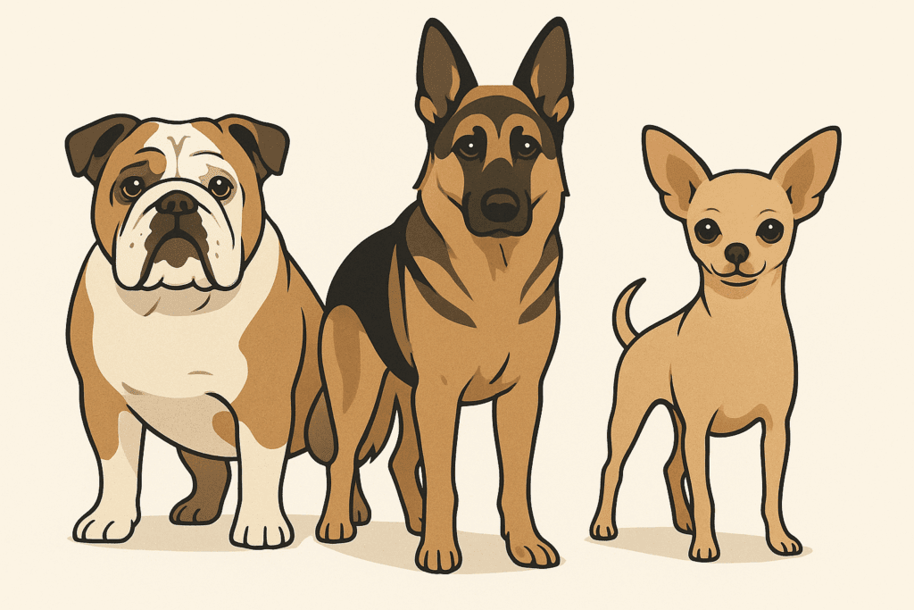 Illustration of senior Bulldog, German Shepherd, and Chihuahua showing breed-specific aging differences.