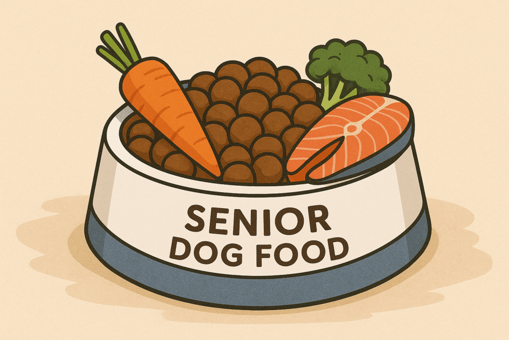 Bowl of senior dog kibble with vegetables and fish for balanced nutrition.