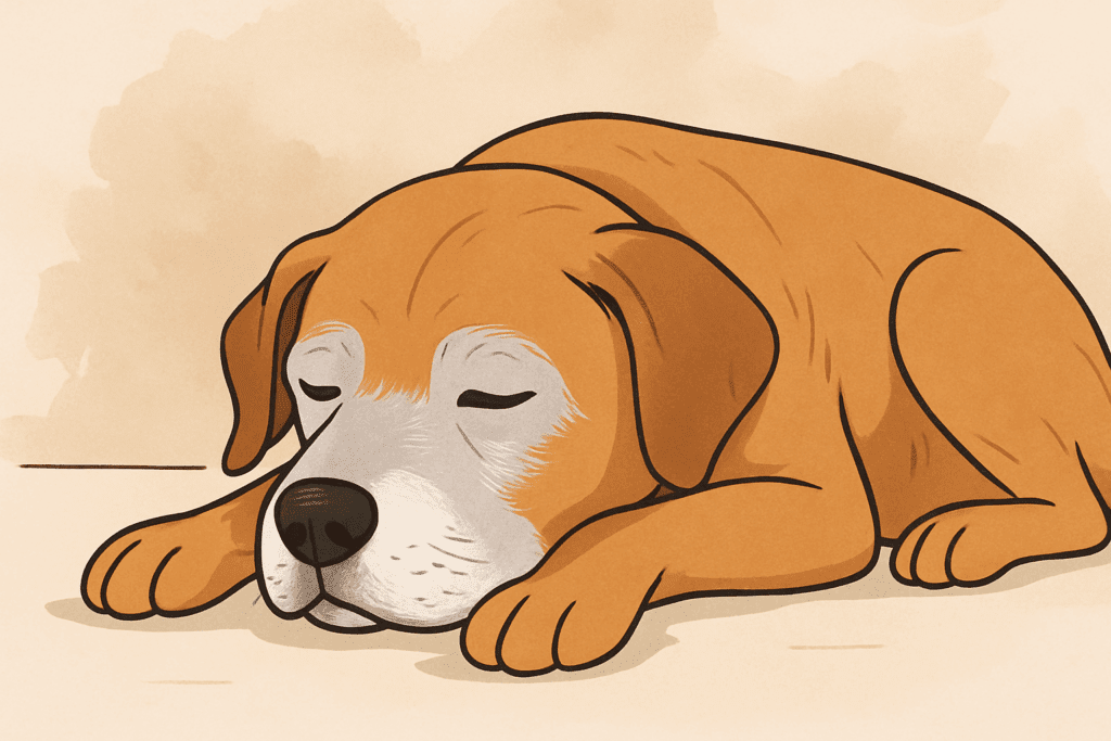 Senior dog with gray muzzle resting on a blanket, showing early signs of aging.