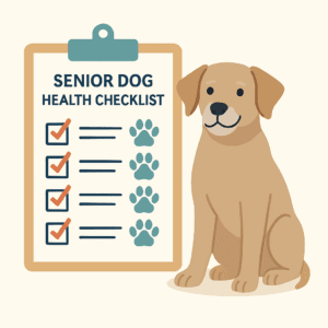 Flat digital illustration of a senior dog sitting beside a clipboard health checklist with paw prints and checkmarks.