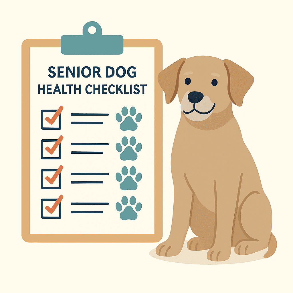 Flat digital illustration of a senior dog sitting beside a clipboard health checklist with paw prints and checkmarks.