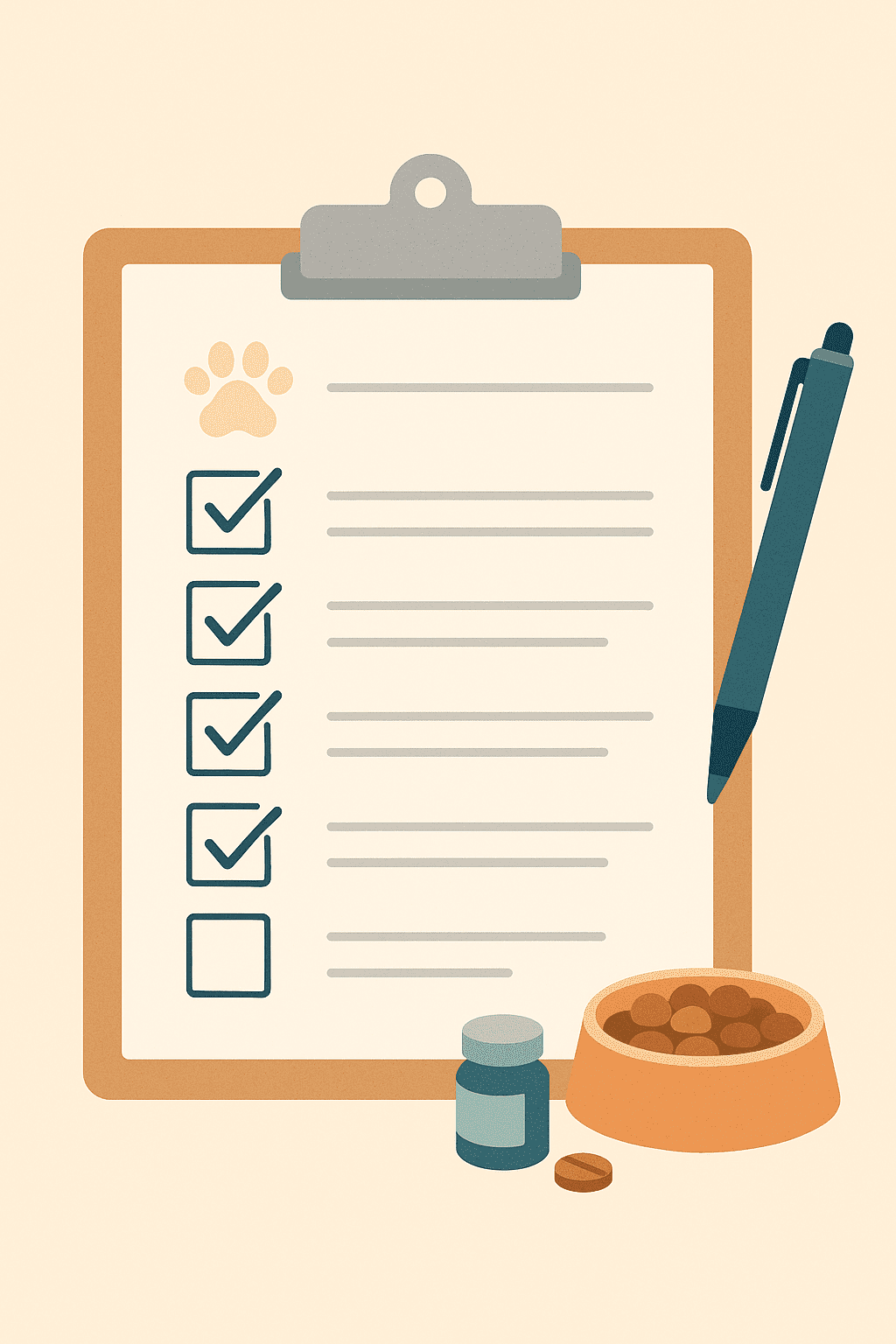 Flat-style illustration of a paw-print with senior dog healthcare checklist clipboard with pen and pet care items.