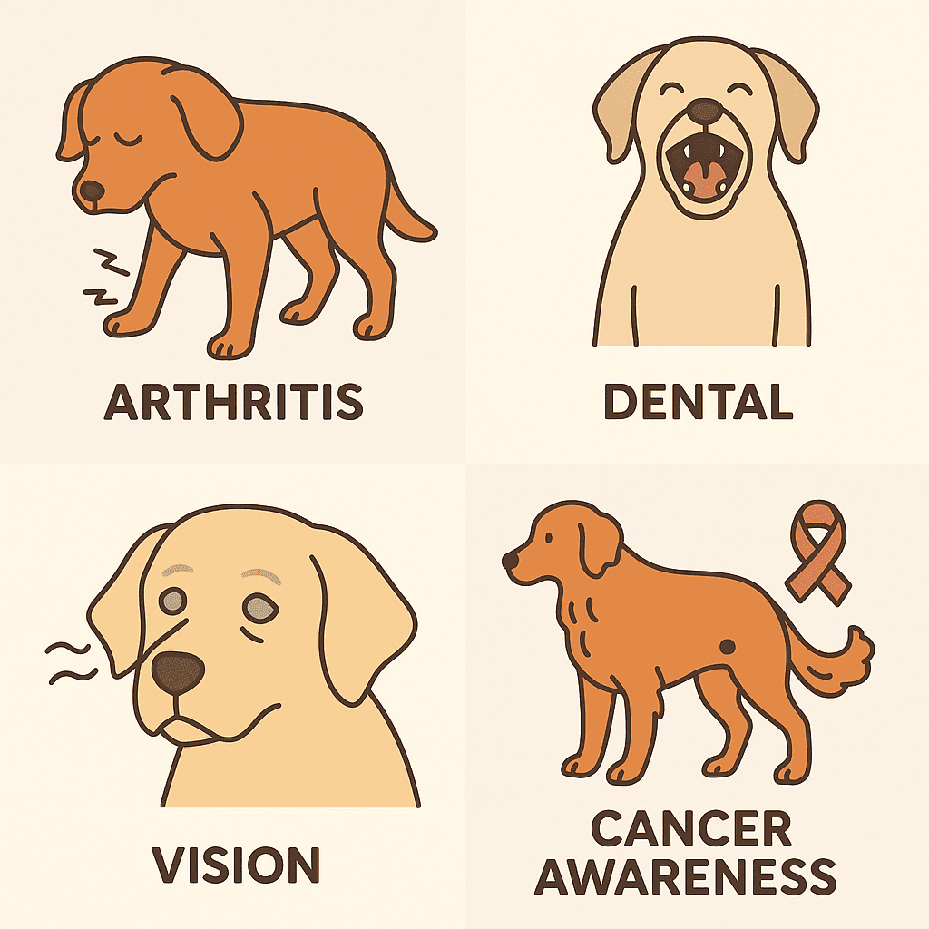 Collage of senior dog health issues: arthritis, dental problems, vision loss, and cancer awareness