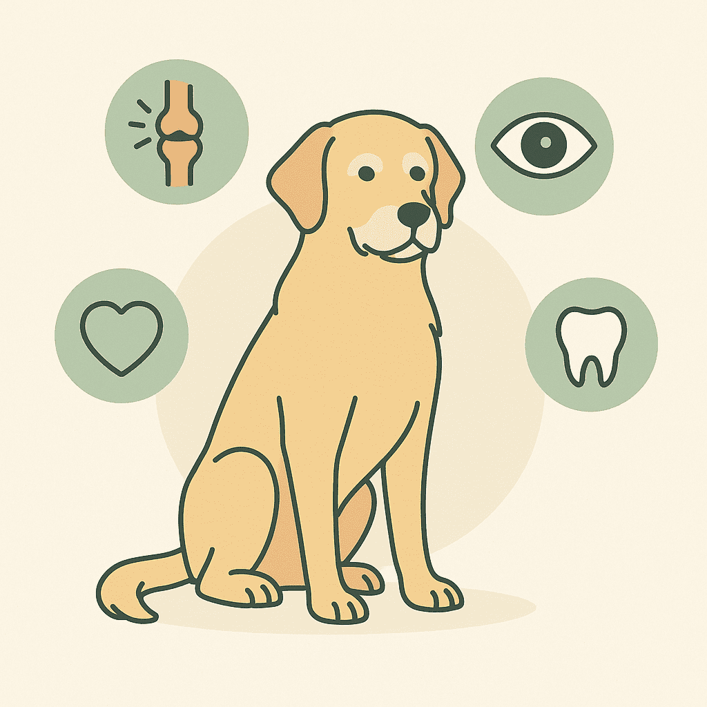 Flat-style illustration of a senior golden retriever with a gray muzzle sitting calmly, surrounded by icons representing arthritis, dental issues, vision problems, and overall health.
