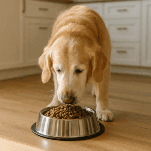 Dry kibble senior dog food in bowl with scoop.