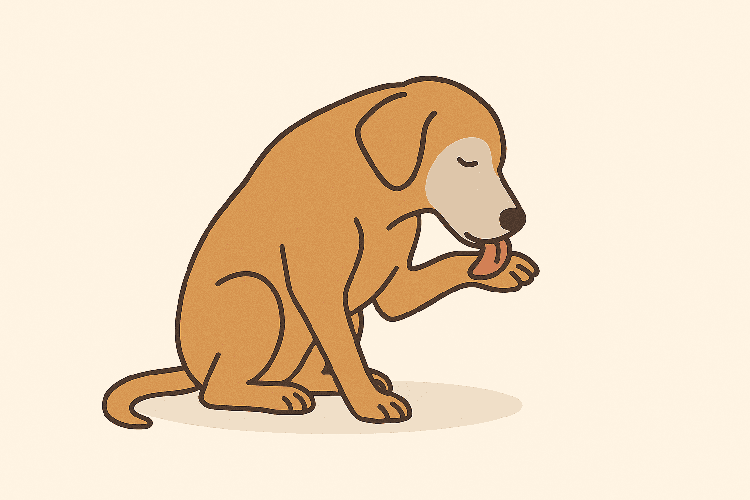 Flat digital illustration showing signs of pain in senior dog licking its paw, representing a behavioral sign of pain in older dogs.