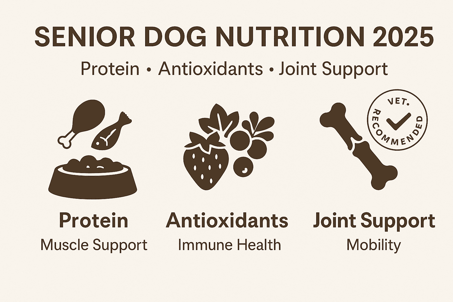 Best food for Senior dogs nutrition infographic highlighting protein, antioxidants, and joint support as top priorities.