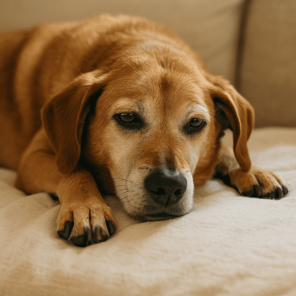 Photorealistic image of an older dog resting on a blanket with gray muzzle, looking tired and showing signs of declining health.