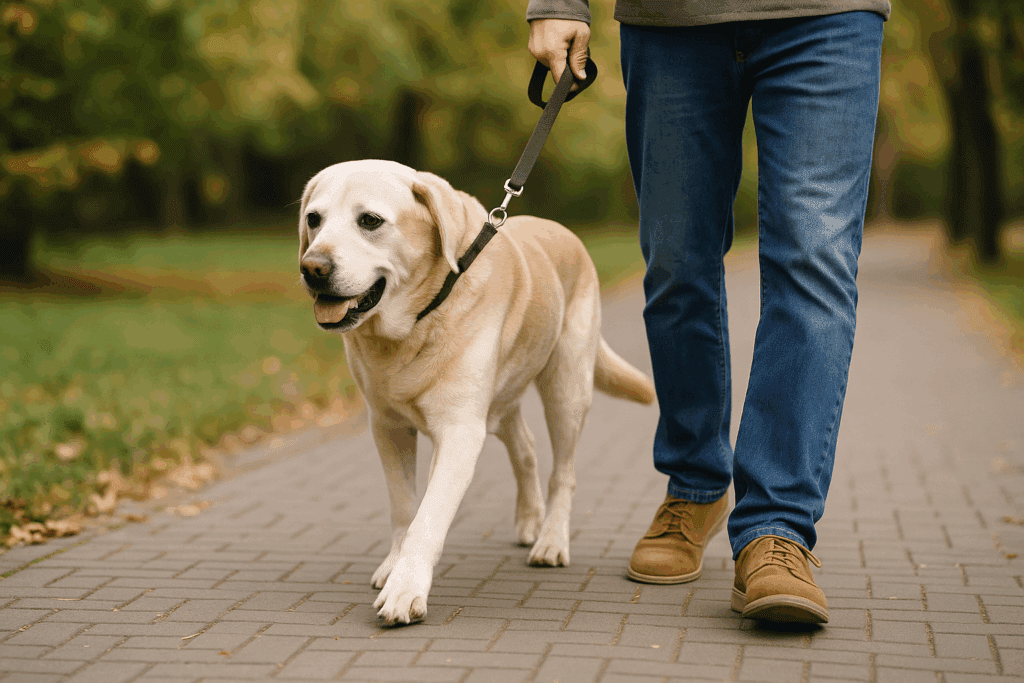 Older Labrador Retriever walking gently with owner on a flat trail.