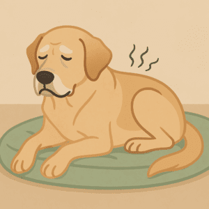 Flat-style illustration of a senior golden Labrador lying down with a gray muzzle, looking uncomfortable, representing signs of pain in older dogs.