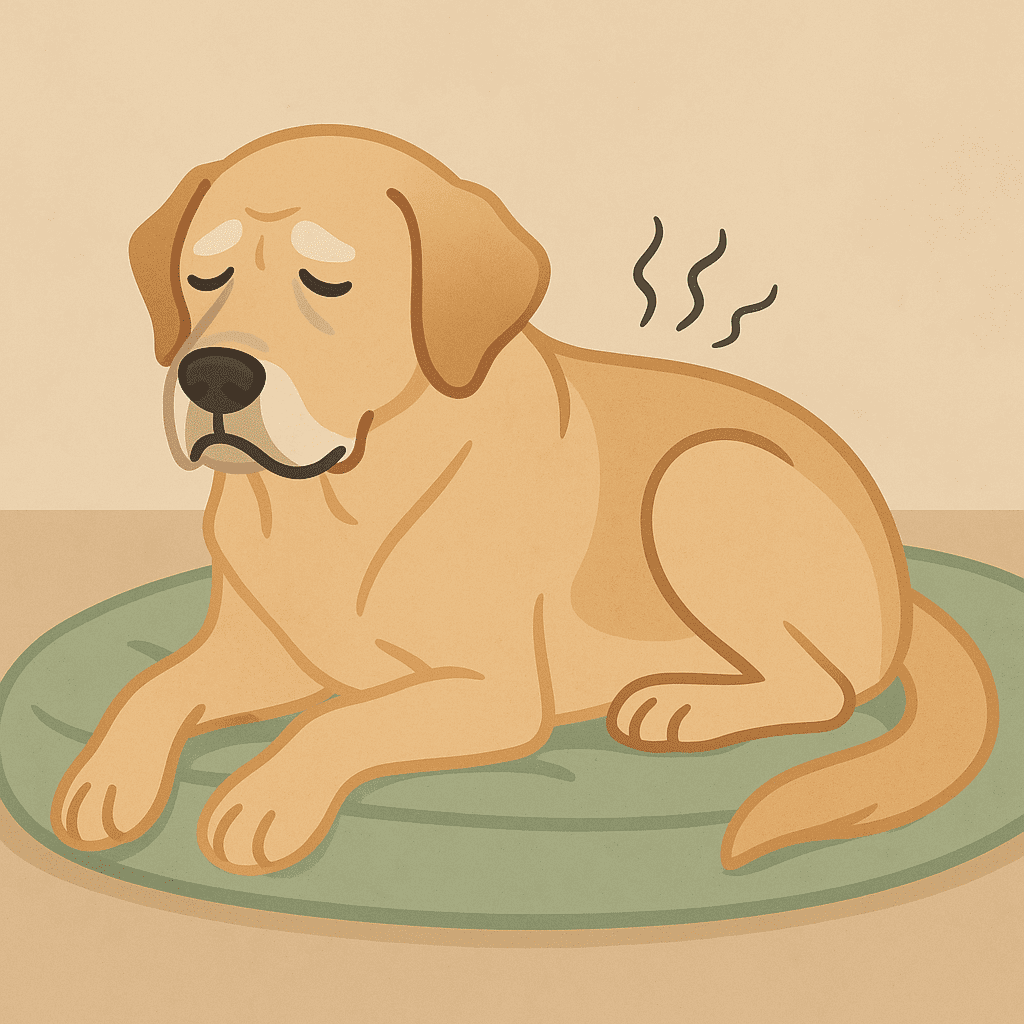 Flat-style illustration of a senior golden Labrador lying down with a gray muzzle, looking uncomfortable, representing signs of pain in older dogs.