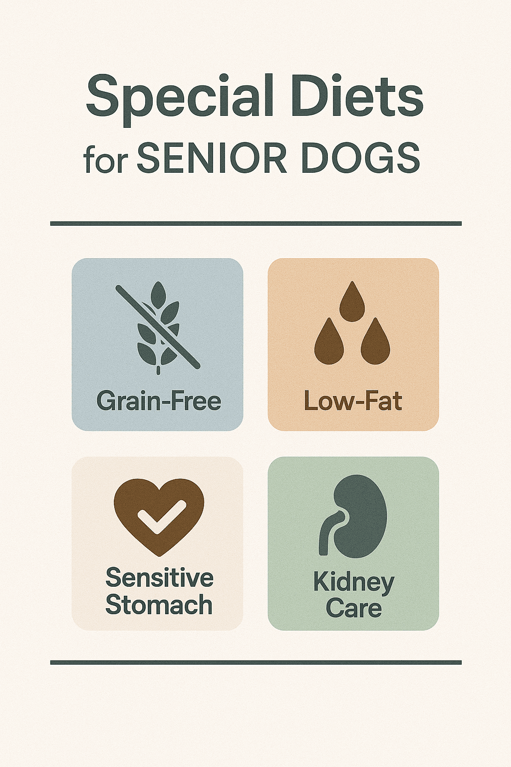 Infographic showing special diet options for senior dogs including grain-free, low-fat, sensitive stomach, and kidney care diets.