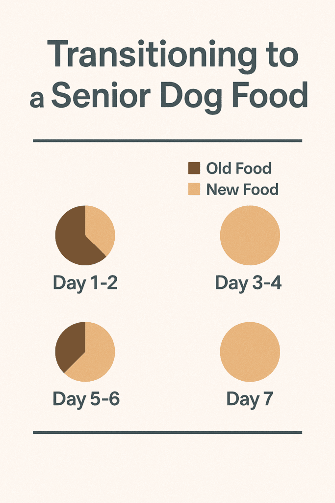 Infographic showing transition steps from old food to new senior dog food over 7–10 days.