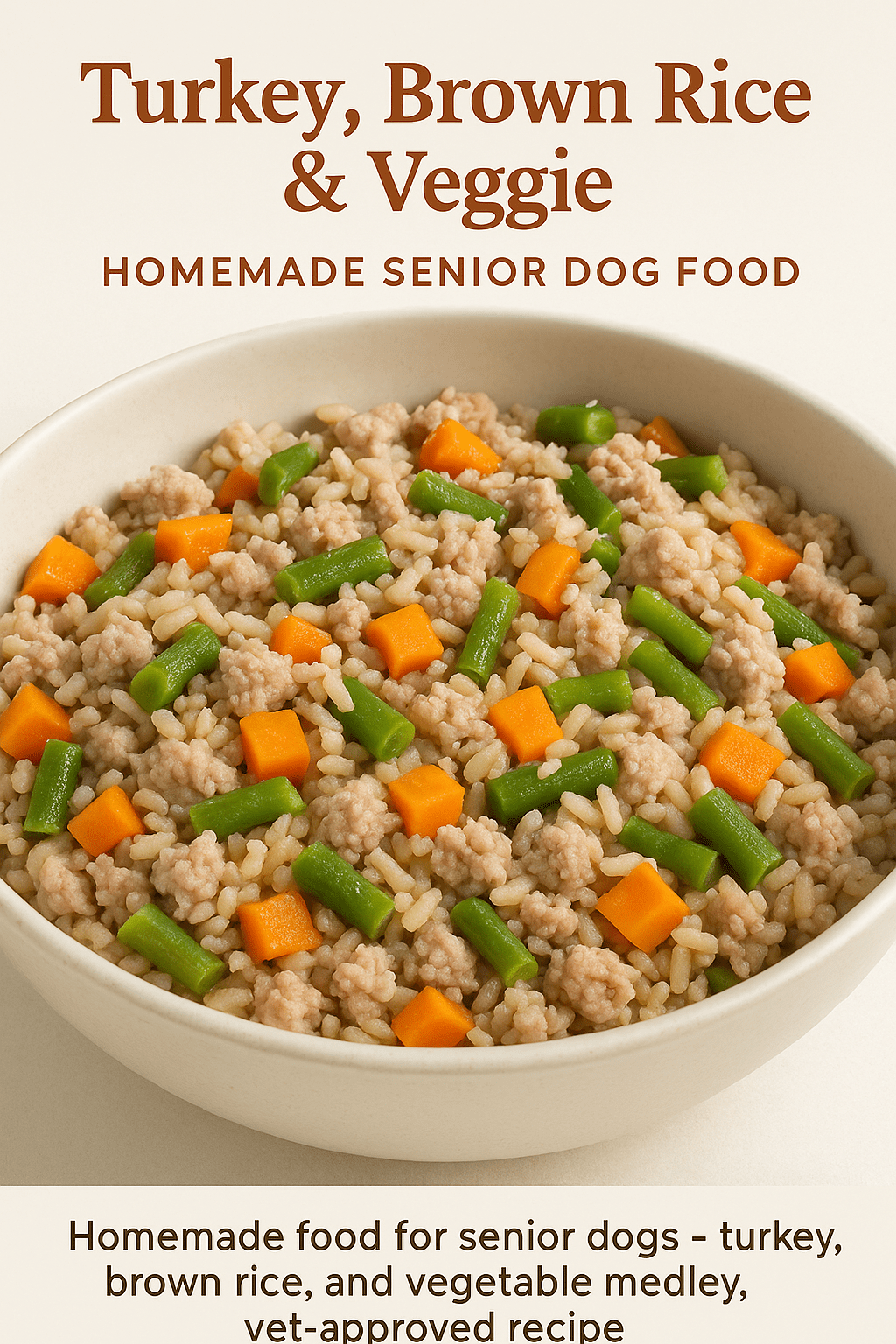 Homemade food for senior dogs — turkey, brown rice, and vegetable medley, vet-approved recipe.