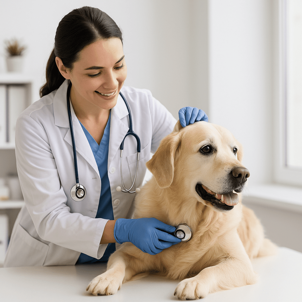 Veterinarian examining a senior Labrador on a table during routine checkup.