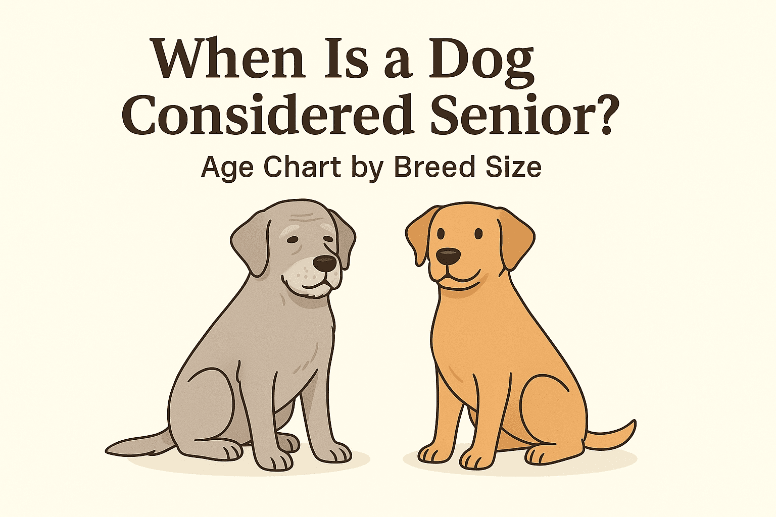 Featured illustration showing a young dog beside a senior dog with a gray muzzle. Text overlay reads “When Is a Dog Considered Senior?” with subtitle “Age Chart by Breed Size.”