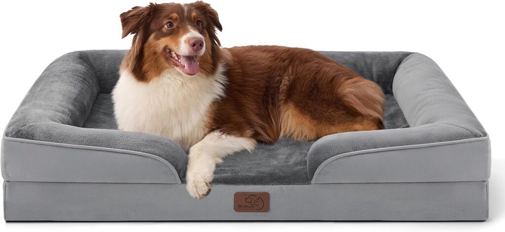 Senior dog resting on Bedsure orthopedic dog bed with low front entry