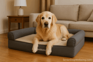Senior dog resting on Bedsure orthopedic dog bed with low front entry