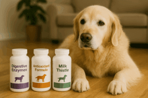 Happy senior dog sitting with different supplements and vitamins on a wooden table