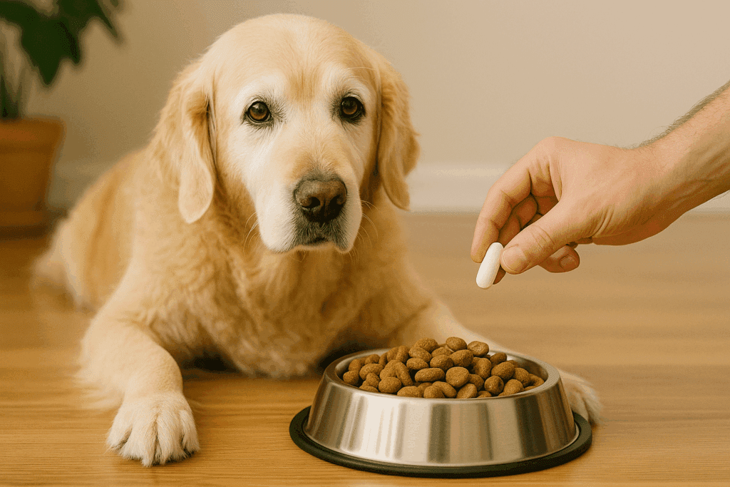 Dropper of CBD oil held above a senior dog’s food bowl