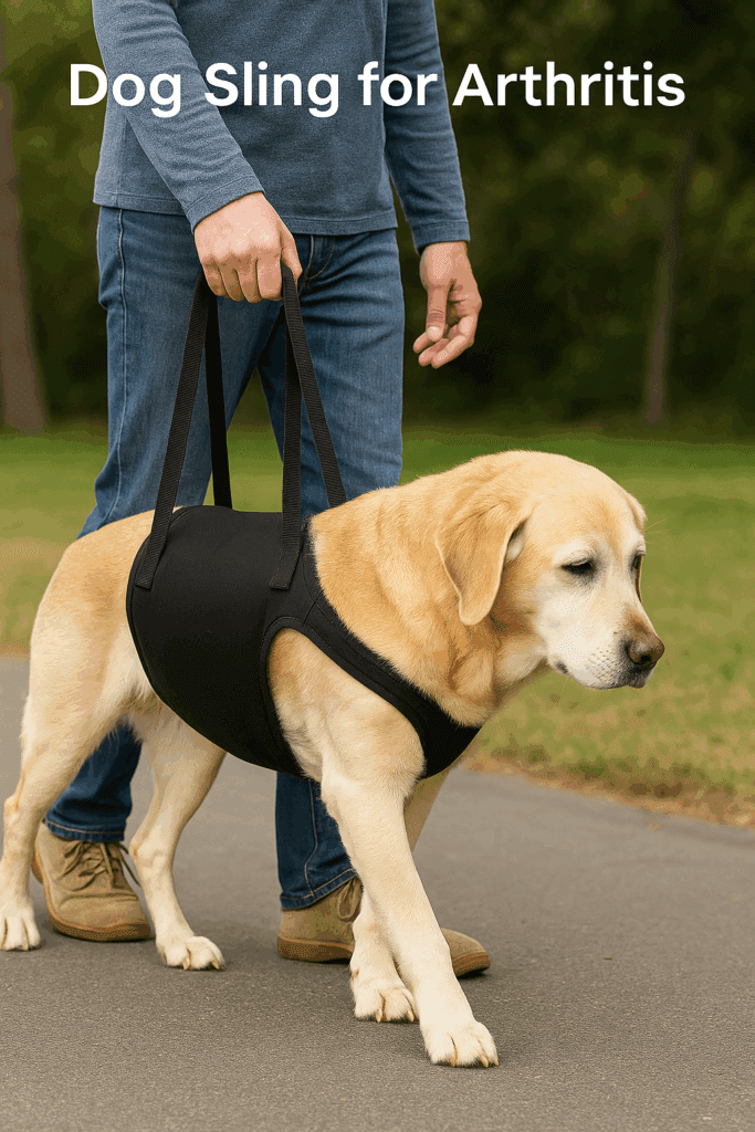 Owner assisting an arthritic senior Labrador using a padded sling support harness for mobility
