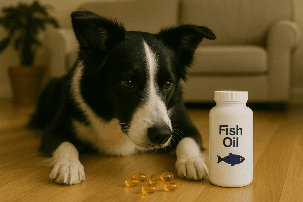 Close-up of dog fish oil capsules on a white background with a senior labrador retriever in the background