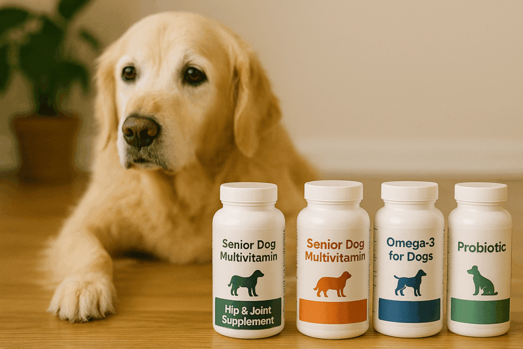 Senior dachshund sniffing a container of multivitamin chews