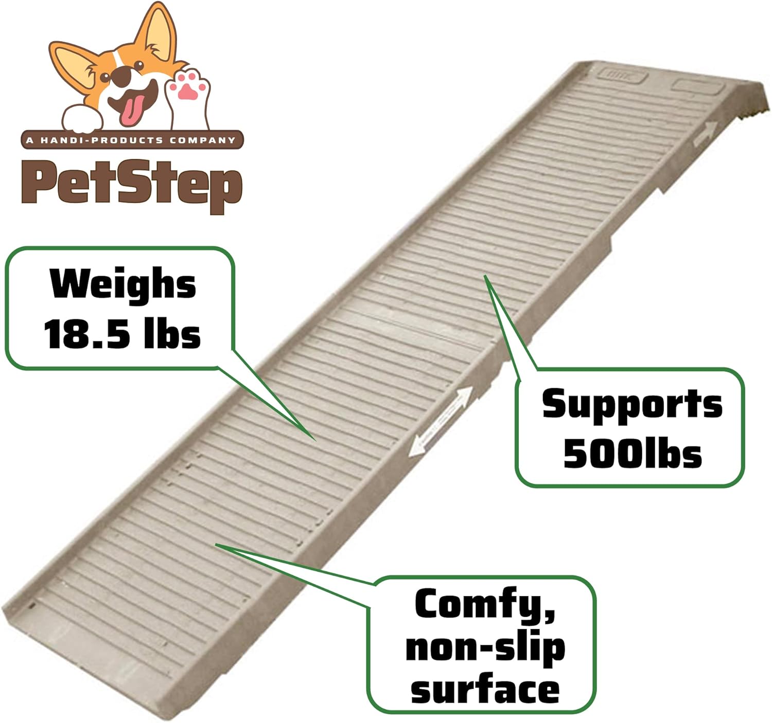 Large senior Labrador walking up a durable black PetSTEP folding dog ramp into an SUV