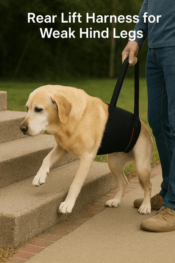 Older Labrador retriever climbing stairs with help from a rear lift harness for weak hind legs