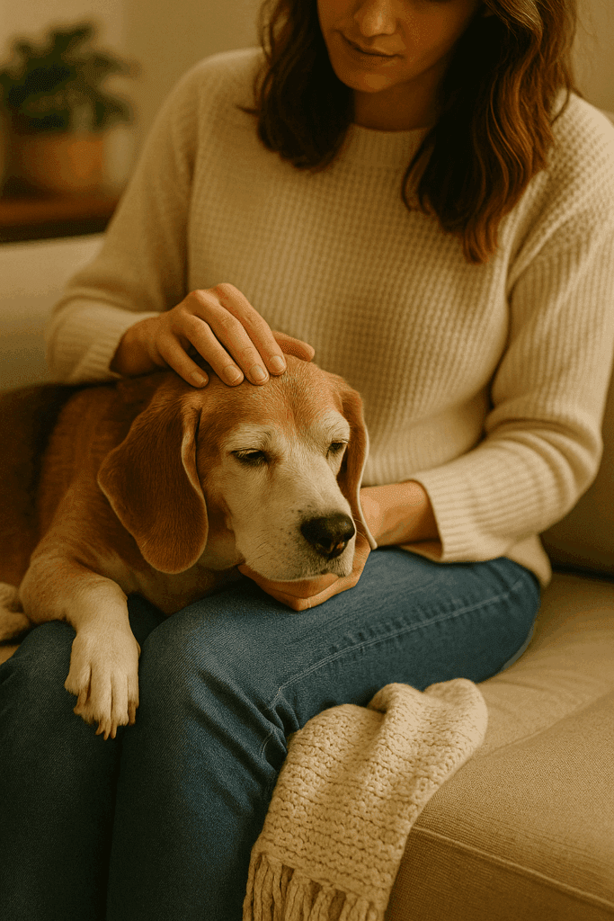 Older dog resting its head on owner’s knee while receiving gentle affection