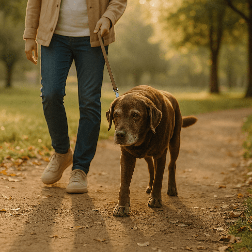 Senior Labrador walking calmly through a park on a leash, accompanied by its owner under morning light