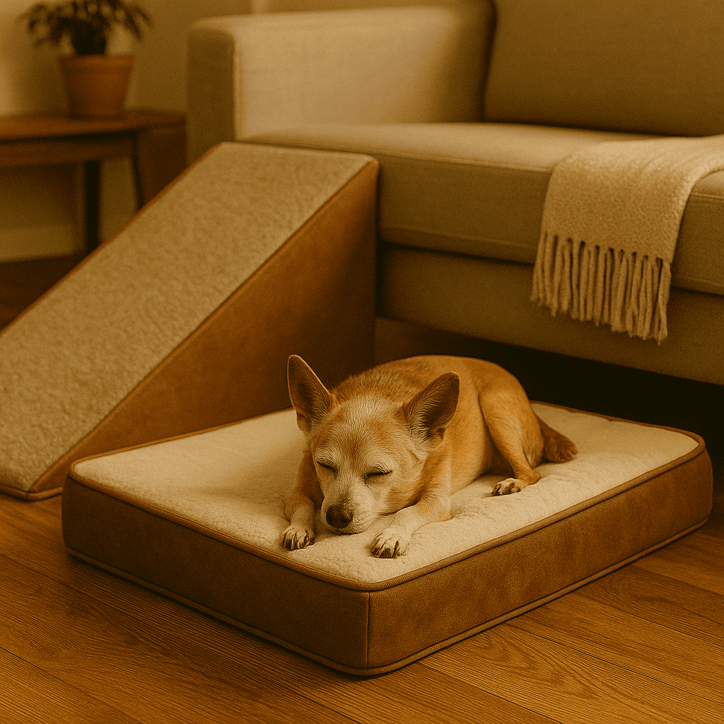 Older small dog resting on an orthopedic bed beside a carpeted ramp leading to the couch in a warm living room
