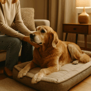 Senior golden retriever resting comfortably on a soft orthopedic bed beside its owner in a cozy living room