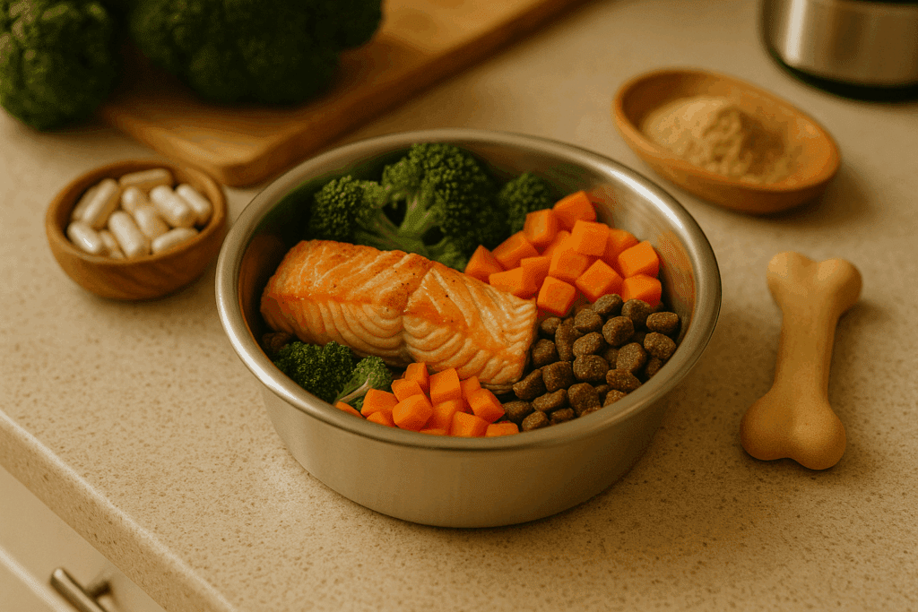 Bowl of healthy senior dog food with salmon, vegetables, and supplements prepared on a kitchen counter