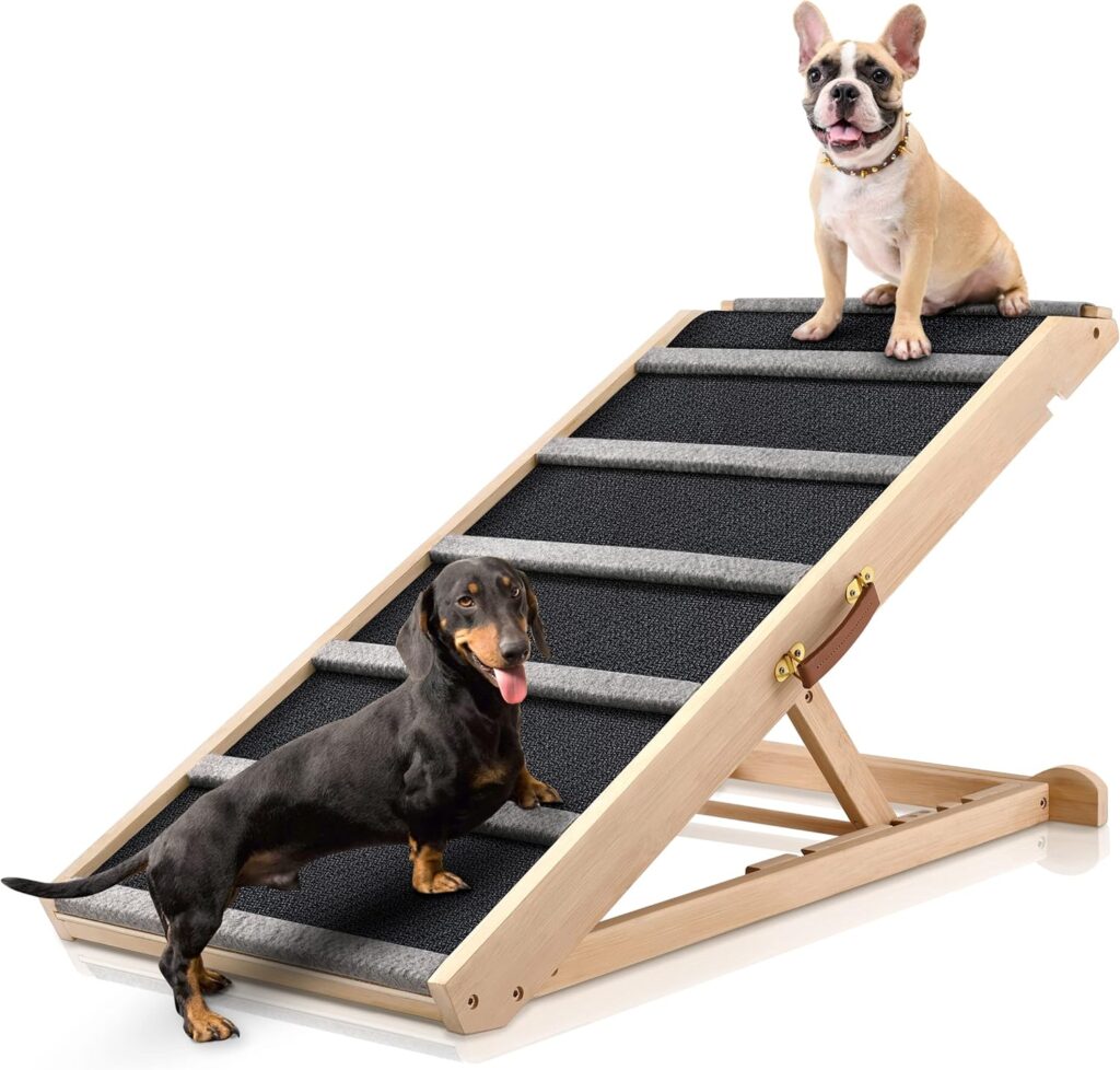 Golden Retriever walking on Tucker Murphy wooden dog ramp with gentle incline