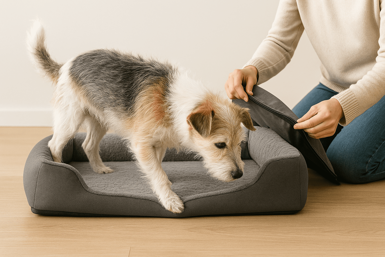 Small senior terrier stepping into a low-front bolster bed while owner zips off the cover