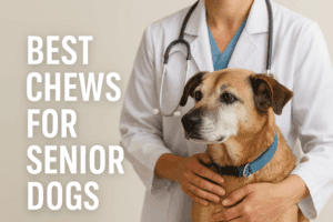 senior dog at the vet with text overlay reading “Best Chews for Senior Dogs”