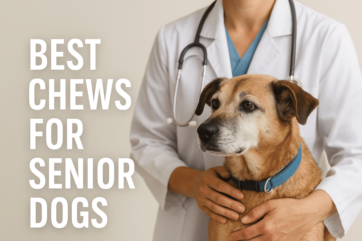 senior dog at the vet with text overlay reading “Best Chews for Senior Dogs”