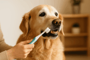 Senior dog getting teeth brushed with a soft-bristle toothbrush